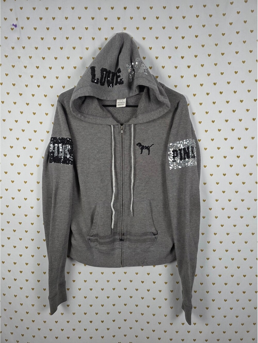 Victorias Secret Pink BLING full zip Hoodie Jacket Grey Medium Sequined